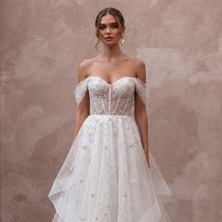 Celestial White Sparkle Tulle A - Line Bridal Dress for New Year's Vow Renewal - Apparel & Accessories > Clothing > Wedding & Bridal Party Dresses > Wedding Dresses - Mignonette Bridal