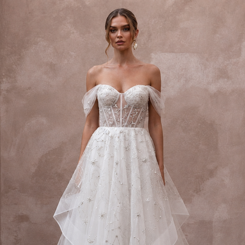 Celestial White Sparkle Tulle A-Line Bridal Dress for New Year's Vow Renewal