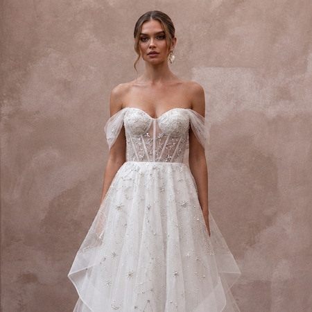 Celestial White Sparkle Tulle A-Line Bridal Dress for New Year's Vow Renewal
