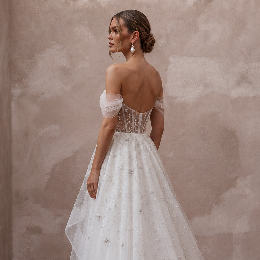 Celestial White Sparkle Tulle A-Line Bridal Dress for New Year's Vow Renewal