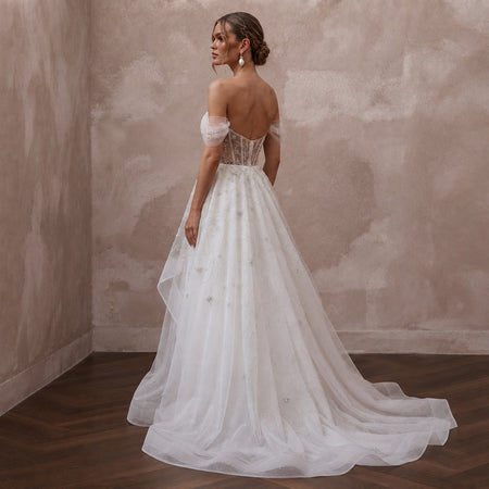 Celestial White Sparkle Tulle A - Line Bridal Dress for New Year's Vow Renewal - Apparel & Accessories > Clothing > Wedding & Bridal Party Dresses > Wedding Dresses - Mignonette Bridal
