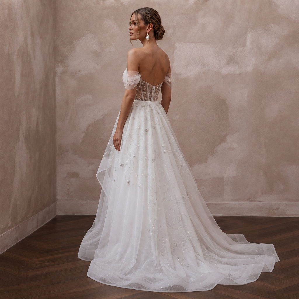 Celestial White Sparkle Tulle A-Line Bridal Dress for New Year's Vow Renewal
