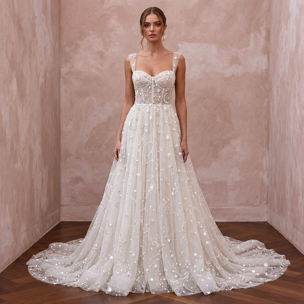 Celestial White Star - Embroidered Tulle Bridal Gown for Planetarium Elopement - Apparel & Accessories > Clothing > Wedding & Bridal Party Dresses > Wedding Dresses - Mignonette Bridal Main image