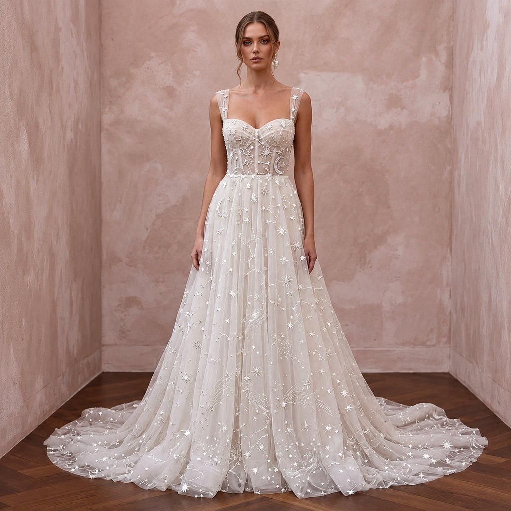 Celestial White Star-Embroidered Tulle Bridal Gown for Planetarium Elopement