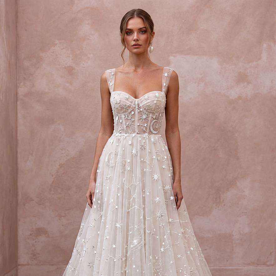 Celestial White Star-Embroidered Tulle Bridal Gown for Planetarium Elopement