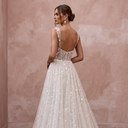 Celestial White Star-Embroidered Tulle Bridal Gown for Planetarium Elopement