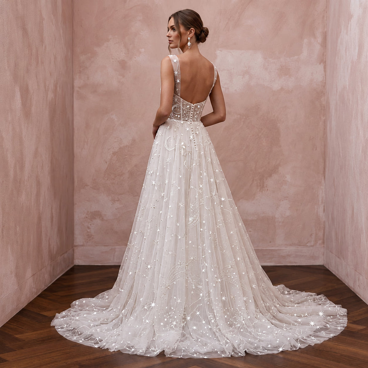Celestial White Star-Embroidered Tulle Bridal Gown for Planetarium Elopement