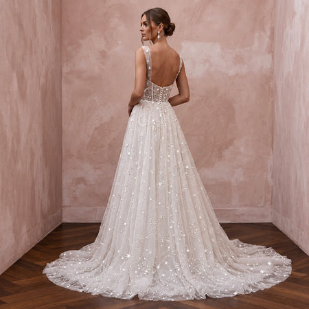 Celestial White Star-Embroidered Tulle Bridal Gown for Planetarium Elopement