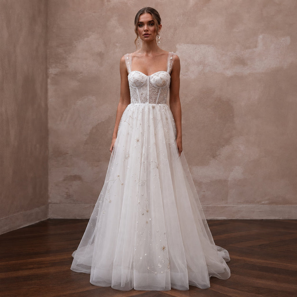 Celestial White Star - Embroidered Tulle for Planetarium Elopement - Apparel & Accessories > Clothing > Wedding & Bridal Party Dresses > Wedding Dresses - Mignonette Bridal