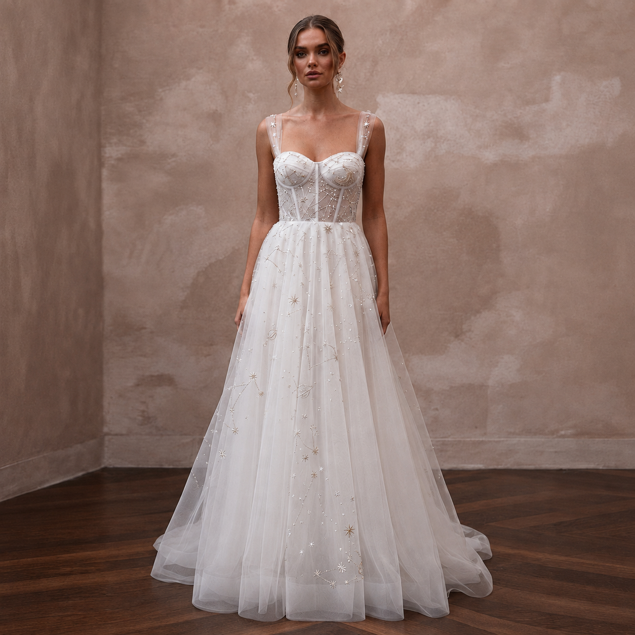 Celestial White Star-Embroidered Tulle for Planetarium Elopement