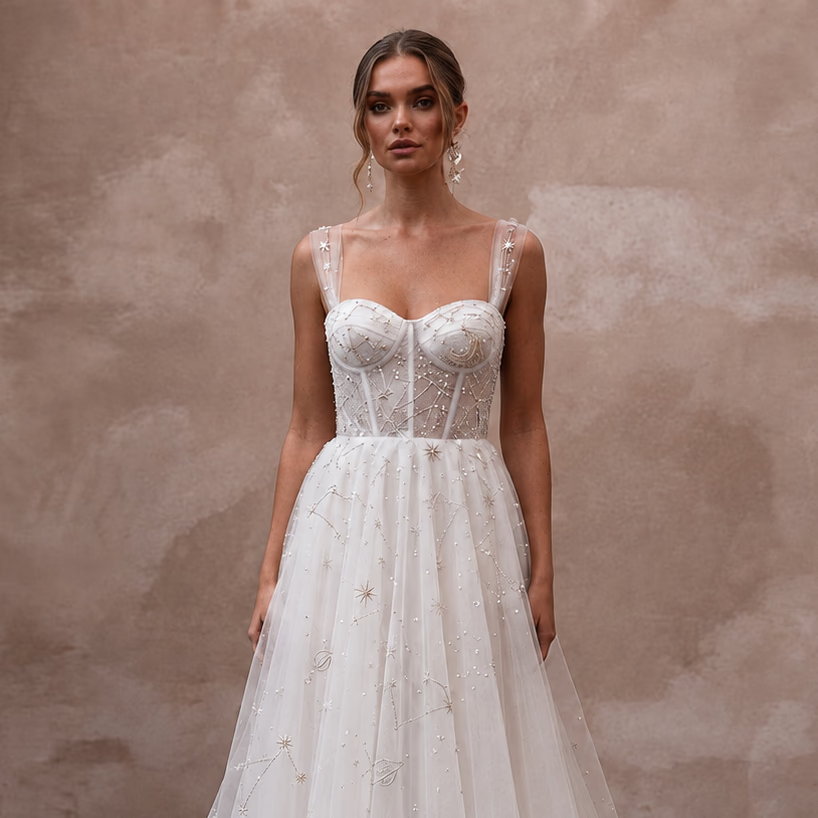 Celestial White Star - Embroidered Tulle for Planetarium Elopement - Apparel & Accessories > Clothing > Wedding & Bridal Party Dresses > Wedding Dresses - Mignonette Bridal