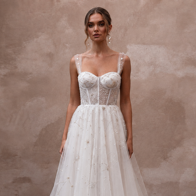 Celestial White Star-Embroidered Tulle for Planetarium Elopement