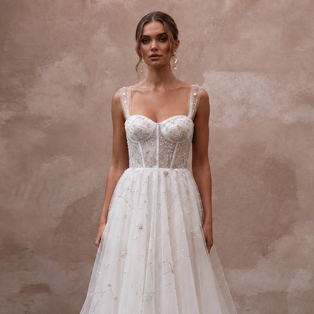 Celestial White Star-Embroidered Tulle for Planetarium Elopement