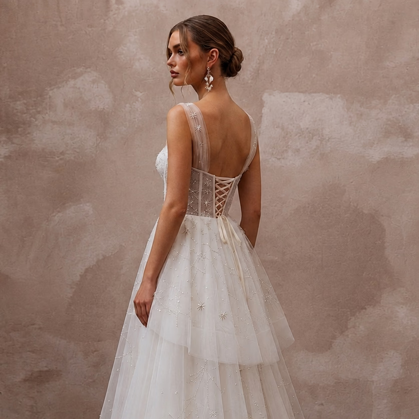 Celestial White Star - Embroidered Tulle for Planetarium Elopement - Apparel & Accessories > Clothing > Wedding & Bridal Party Dresses > Wedding Dresses - Mignonette Bridal
