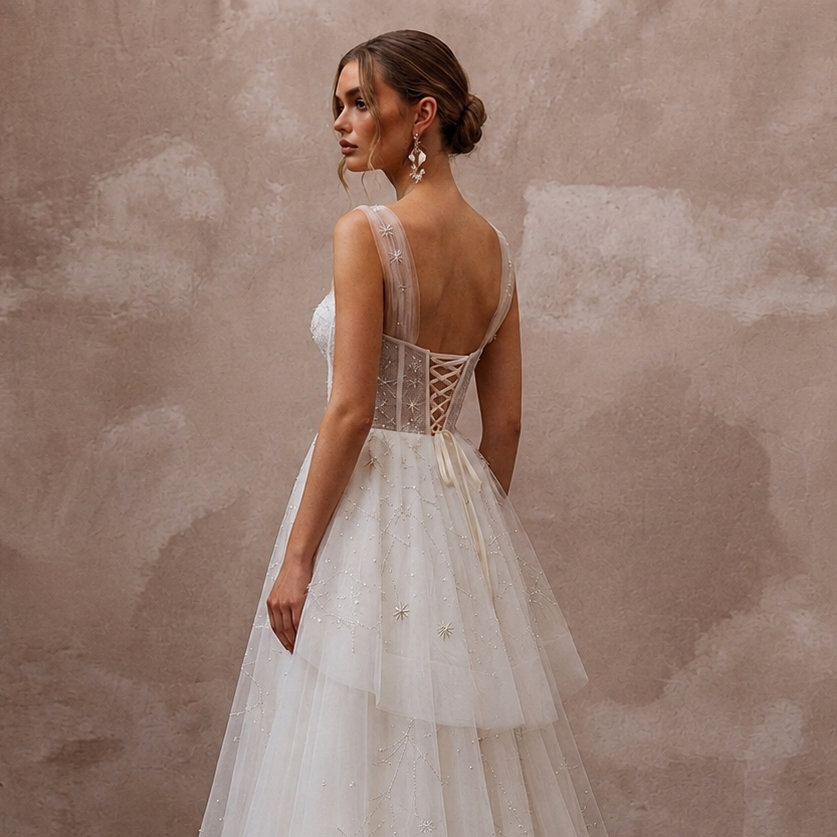 Celestial White Star-Embroidered Tulle for Planetarium Elopement