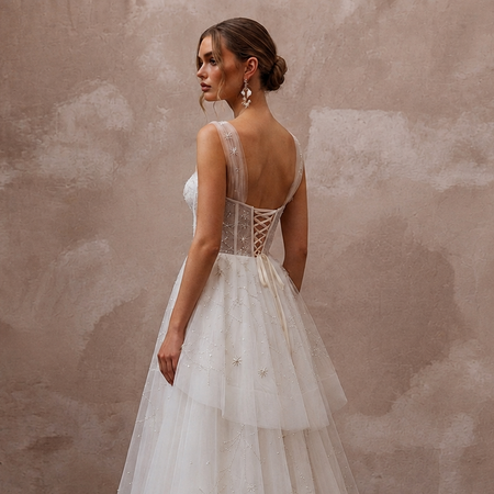 Celestial White Star-Embroidered Tulle for Planetarium Elopement