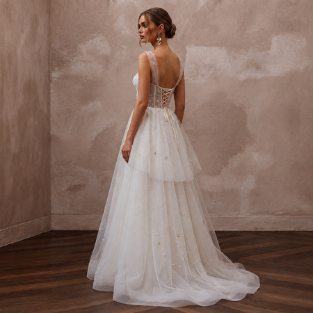 Celestial White Star-Embroidered Tulle for Planetarium Elopement