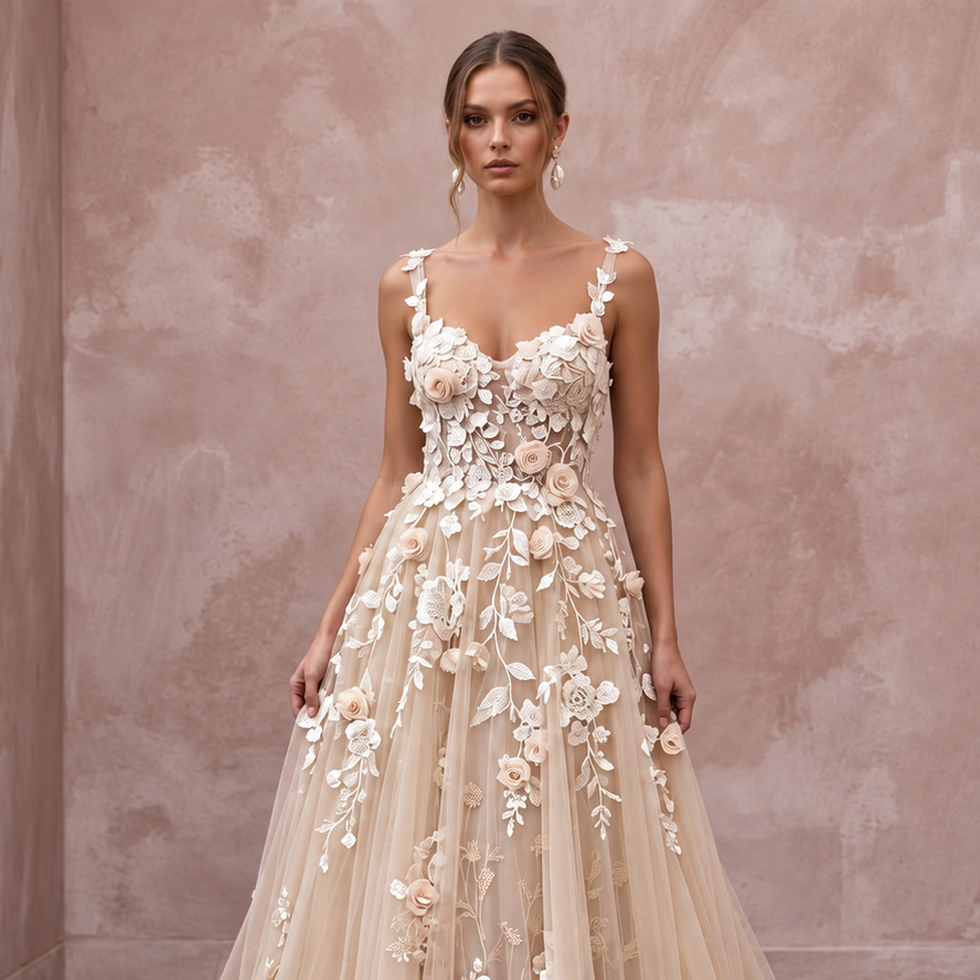 Champagne 3D Floral Applique Tulle A-Line Dress for Spring Garden Vows