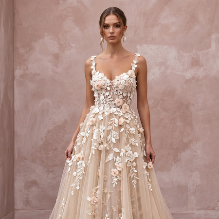 Champagne 3D Floral Applique Tulle A-Line Dress for Spring Garden Vows