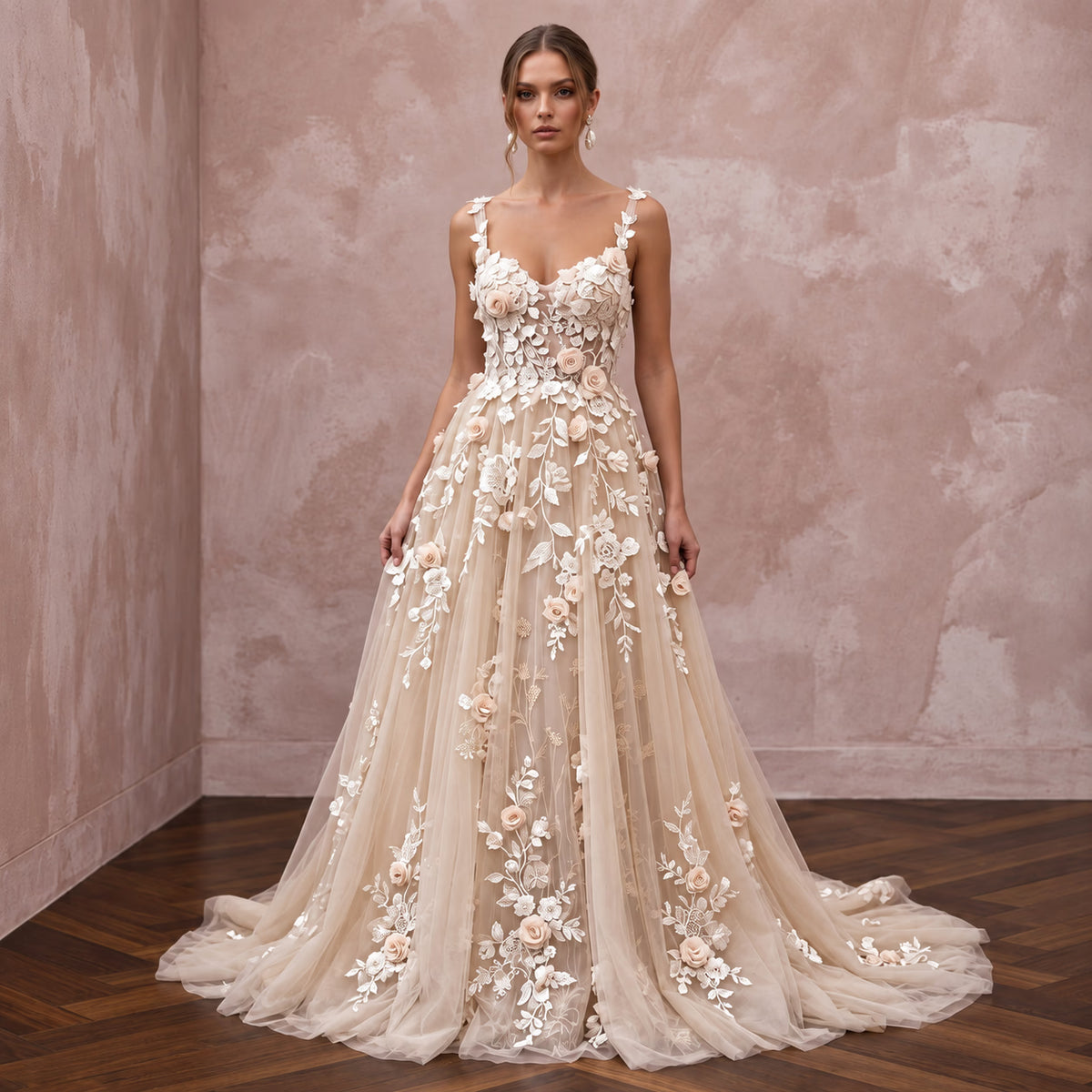 Champagne 3D Floral Applique Tulle A-Line Dress for Spring Garden Vows