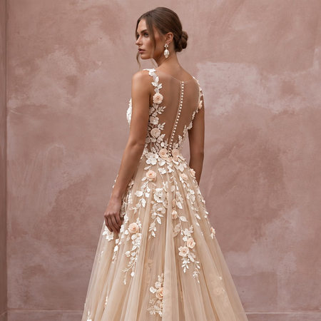 Champagne 3D Floral Applique Tulle A-Line Dress for Spring Garden Vows