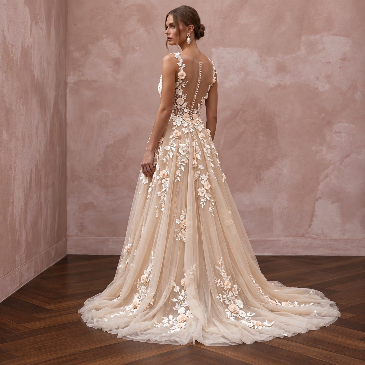 Champagne 3D Floral Applique Tulle A-Line Dress for Spring Garden Vows Secondary image