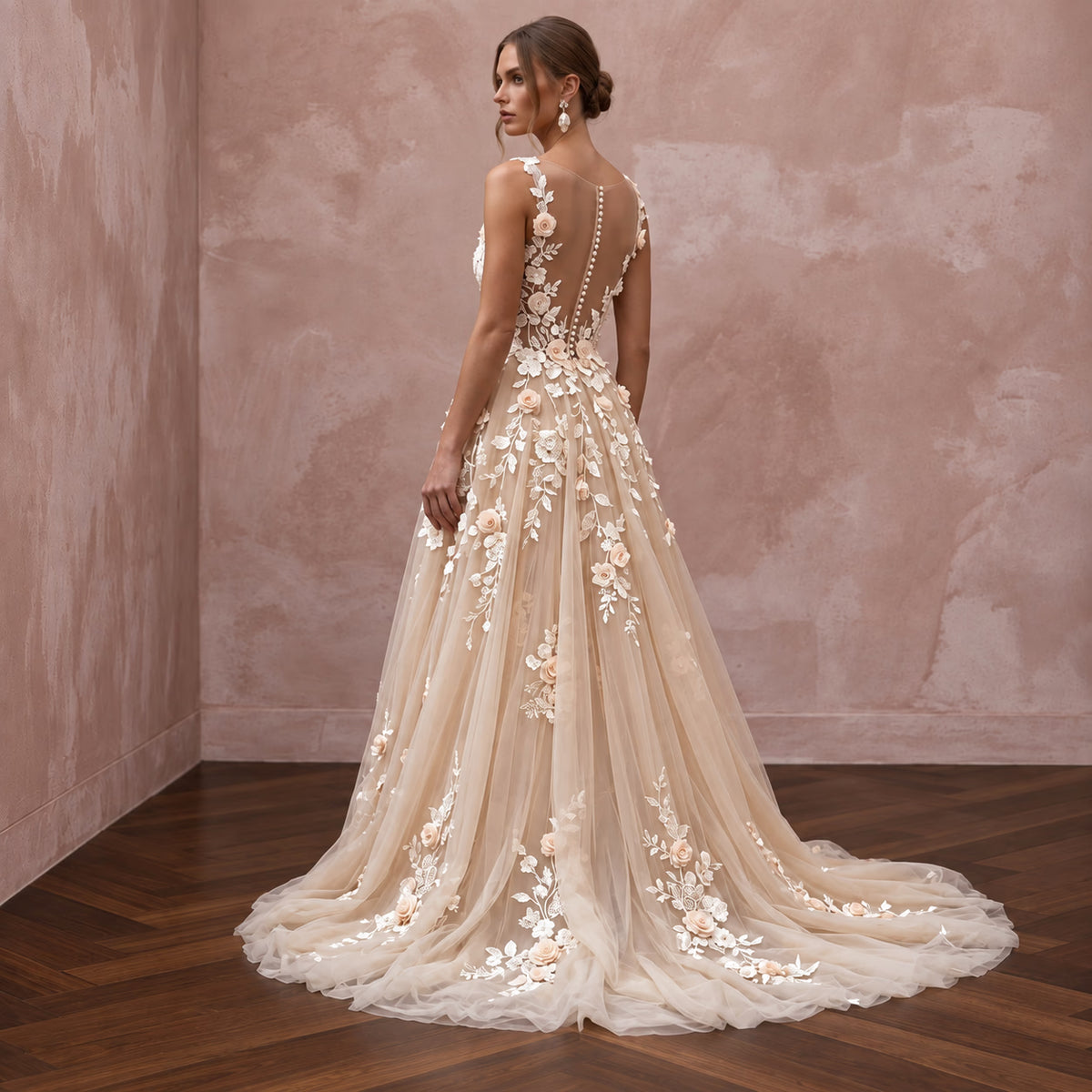 Champagne 3D Floral Applique Tulle A-Line Dress for Spring Garden Vows