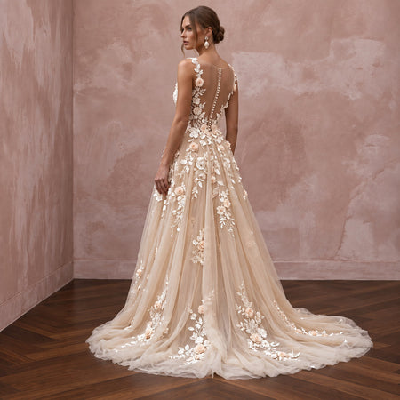 Champagne 3D Floral Applique Tulle A-Line Dress for Spring Garden Vows