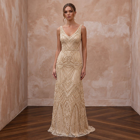 Champagne Beaded Art Deco Drop Waist Bridal Gown