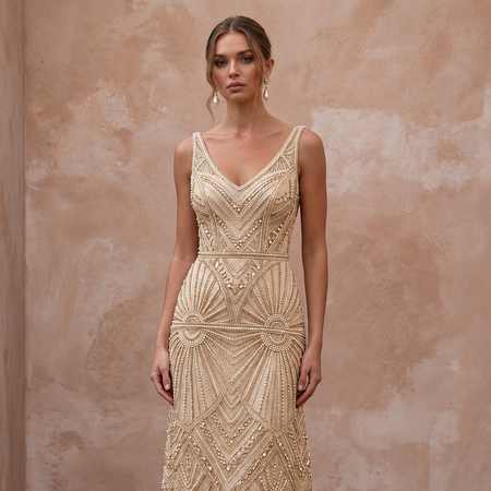 Champagne Beaded Art Deco Drop Waist Bridal Gown