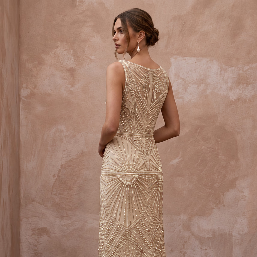 Champagne Beaded Art Deco Drop Waist Bridal Gown