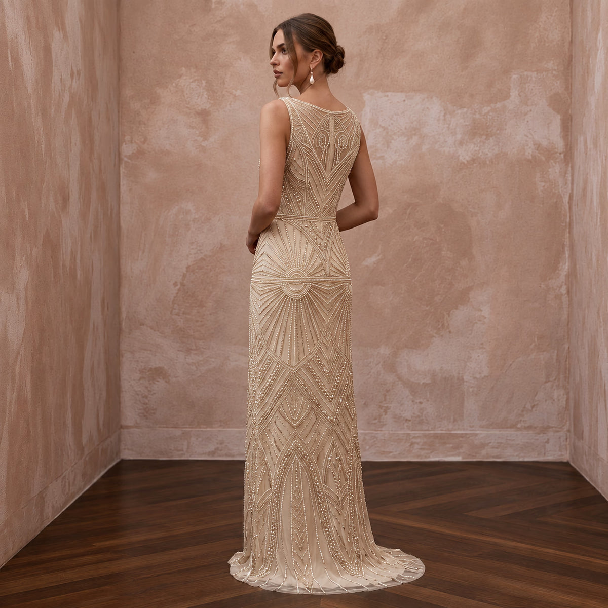 Champagne Beaded Art Deco Drop Waist Bridal Gown