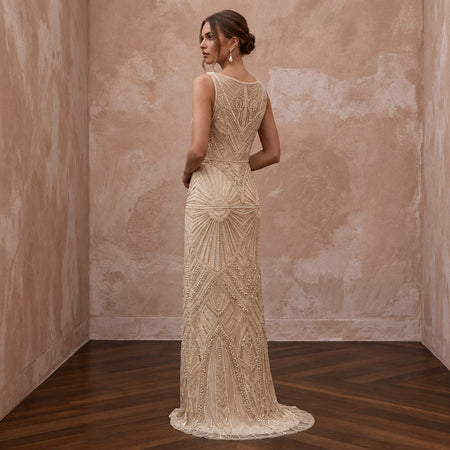Champagne Beaded Art Deco Drop Waist Bridal Gown