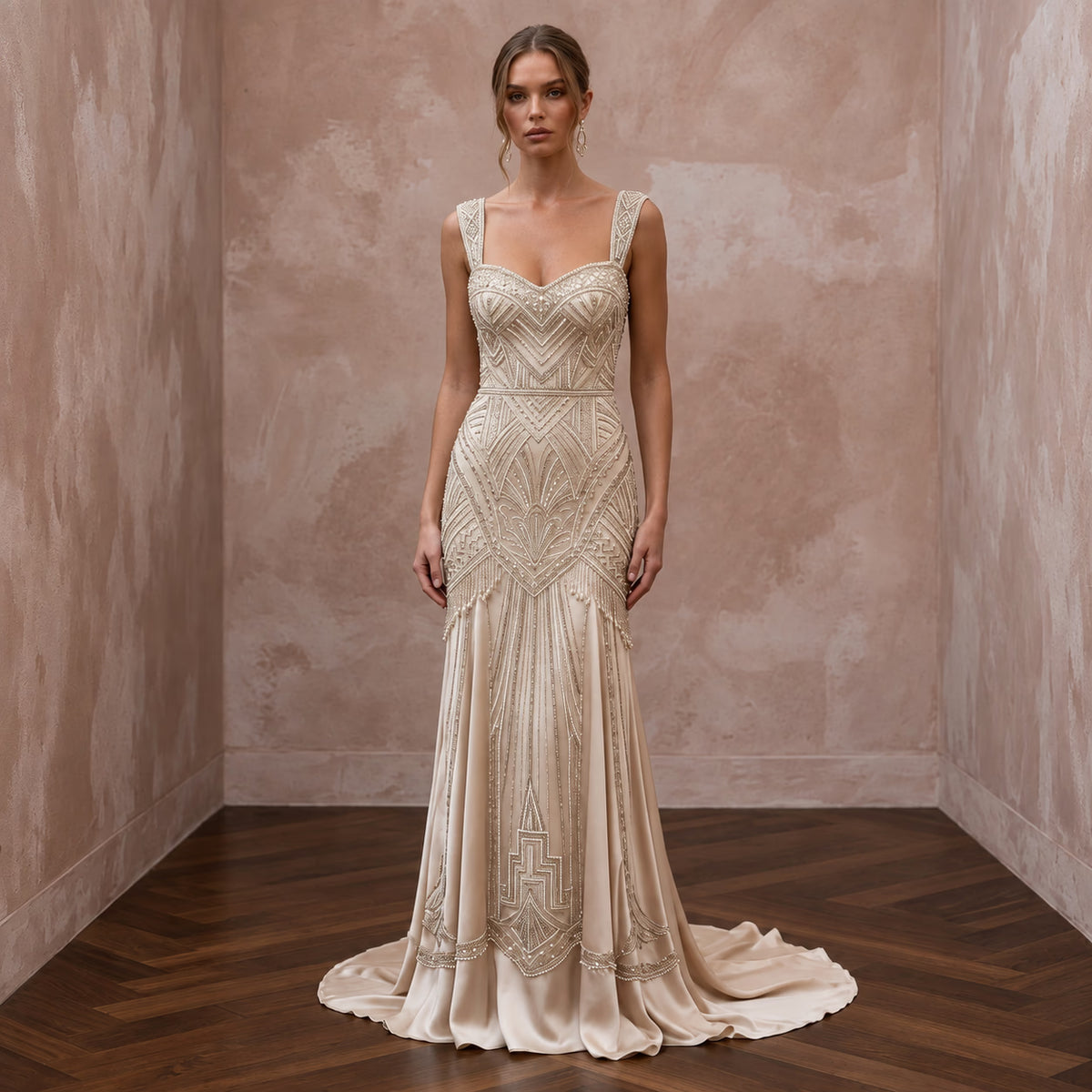 Champagne Beaded Art Deco Drop Waist Gown for 1920s Themed Gala
