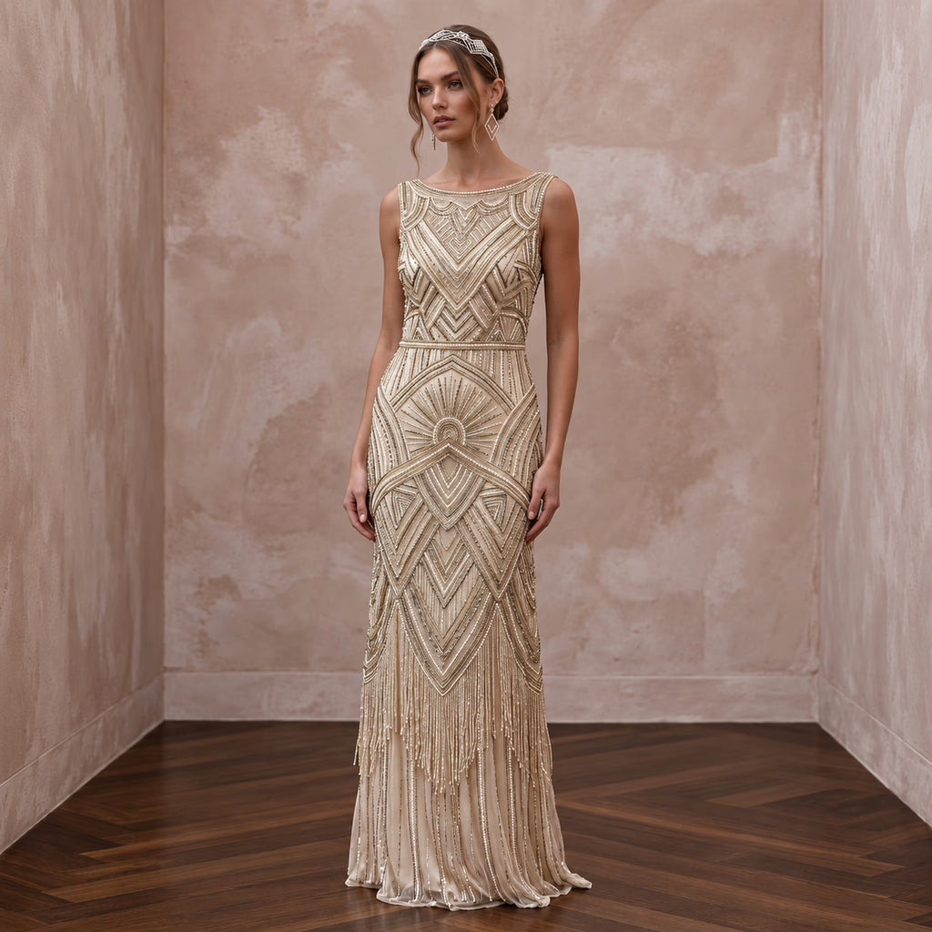 Champagne Beaded Art Deco Drop Waist Gown for 1920s Themed Gala - Apparel & Accessories > Clothing > Wedding & Bridal Party Dresses > Wedding Dresses - Mignonette Bridal