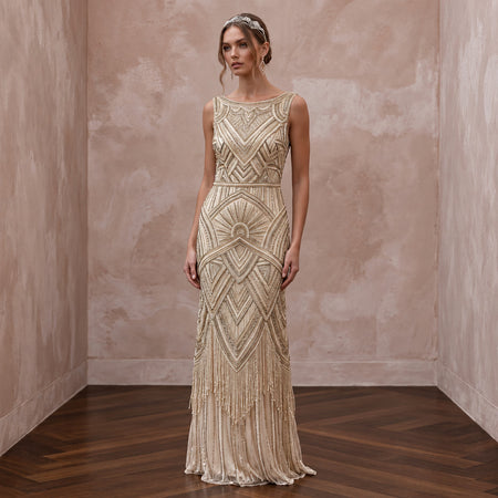 Champagne Beaded Art Deco Drop Waist Gown for 1920s Themed Gala - Apparel & Accessories > Clothing > Wedding & Bridal Party Dresses > Wedding Dresses - Mignonette Bridal