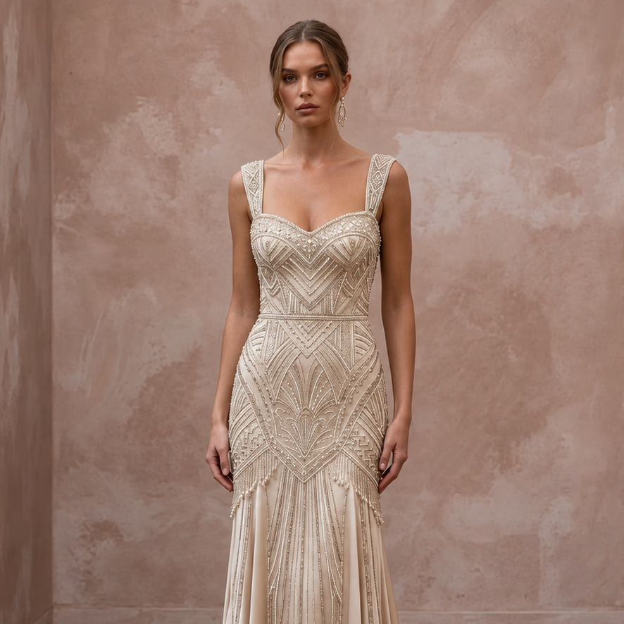 Champagne Beaded Art Deco Drop Waist Gown for 1920s Themed Gala