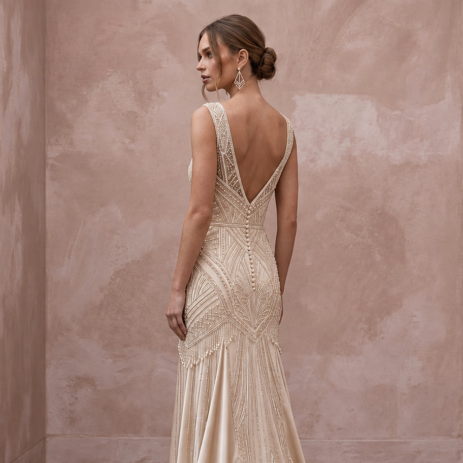 Champagne Beaded Art Deco Drop Waist Gown for 1920s Themed Gala