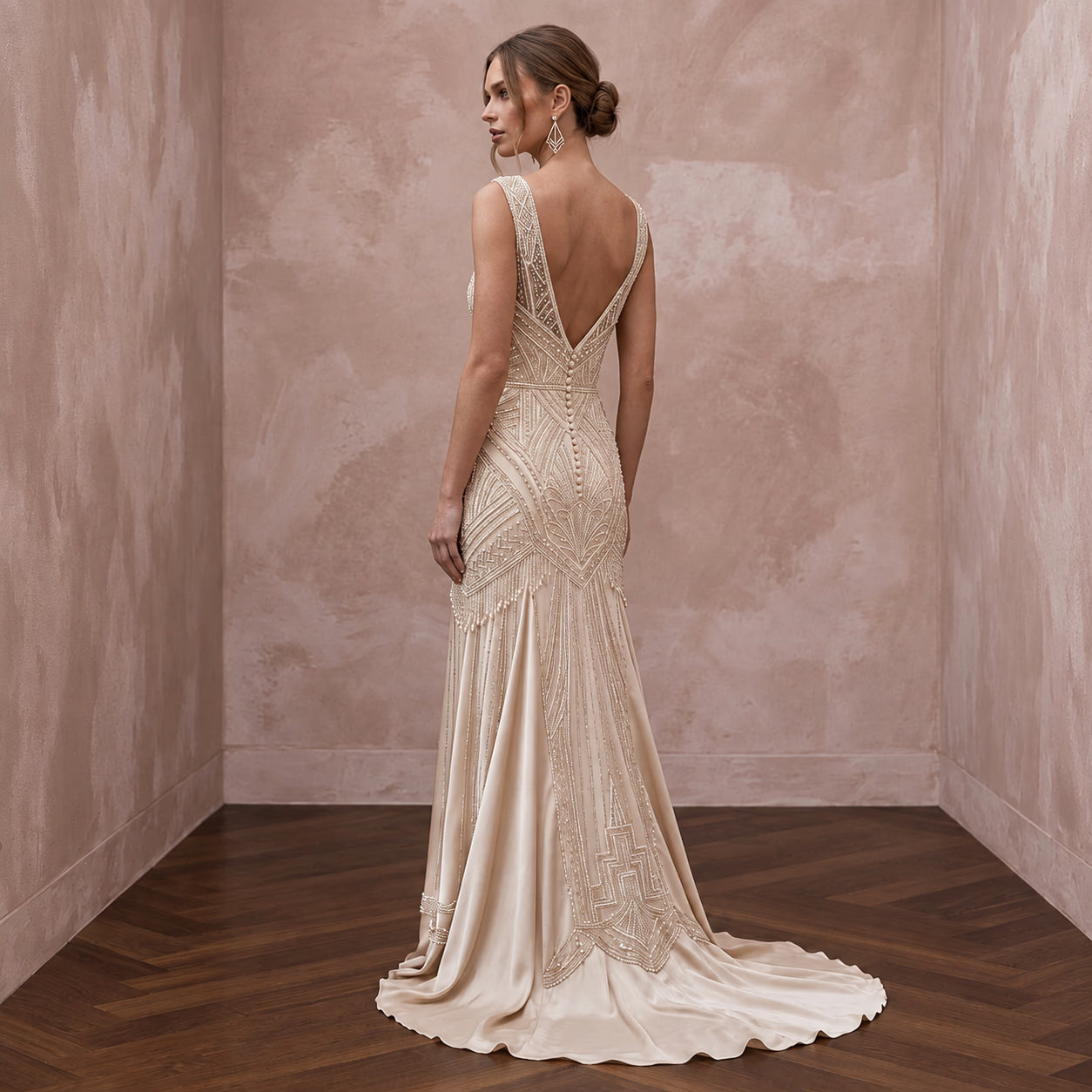 Champagne Beaded Art Deco Drop Waist Gown for 1920s Themed Gala Secondary image
