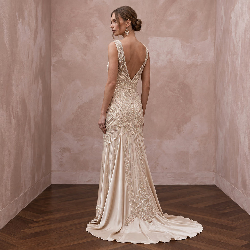 Champagne Beaded Art Deco Drop Waist Gown for 1920s Themed Gala