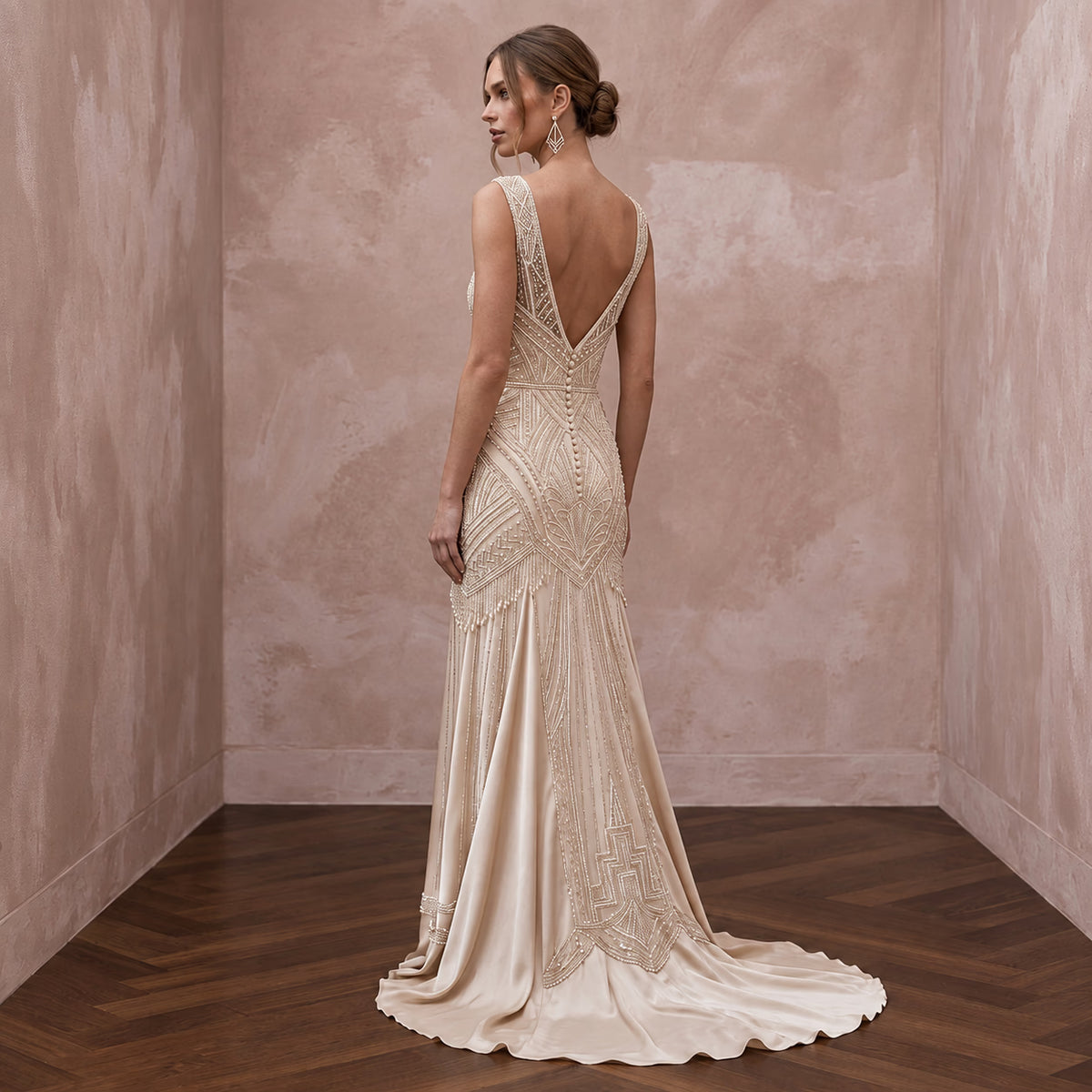 Champagne Beaded Art Deco Drop Waist Gown for 1920s Themed Gala