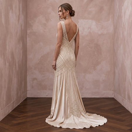 Champagne Beaded Art Deco Drop Waist Gown for 1920s Themed Gala
