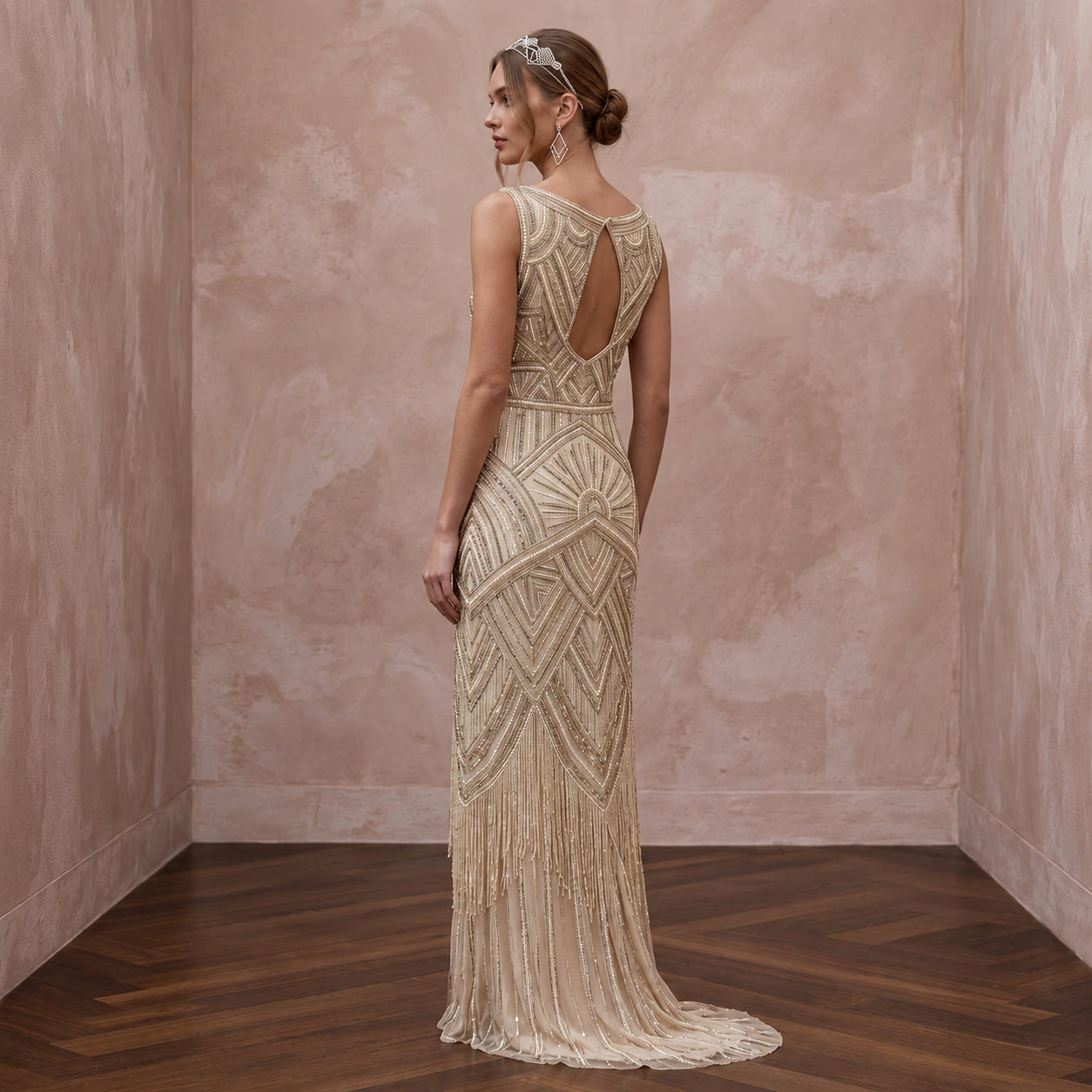 Champagne Beaded Art Deco Drop Waist Gown for 1920s Themed Gala Secondary image