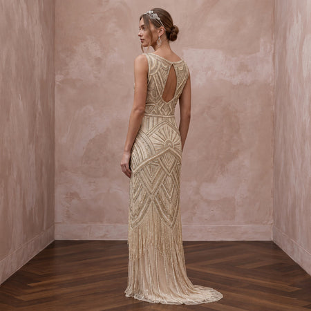 Champagne Beaded Art Deco Drop Waist Gown for 1920s Themed Gala - Apparel & Accessories > Clothing > Wedding & Bridal Party Dresses > Wedding Dresses - Mignonette Bridal