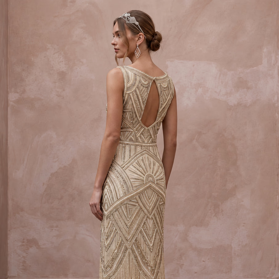 Champagne Beaded Art Deco Drop Waist Gown for 1920s Themed Gala - Apparel & Accessories > Clothing > Wedding & Bridal Party Dresses > Wedding Dresses - Mignonette Bridal