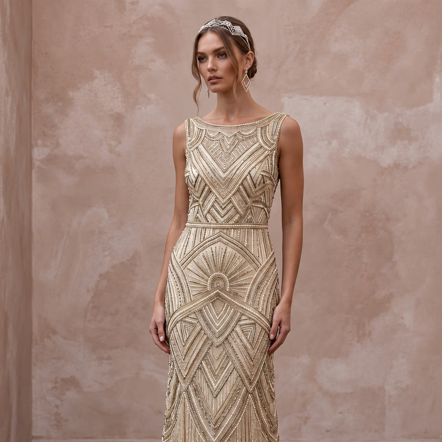 Champagne Beaded Art Deco Drop Waist Gown for 1920s Themed Gala - Apparel & Accessories > Clothing > Wedding & Bridal Party Dresses > Wedding Dresses - Mignonette Bridal