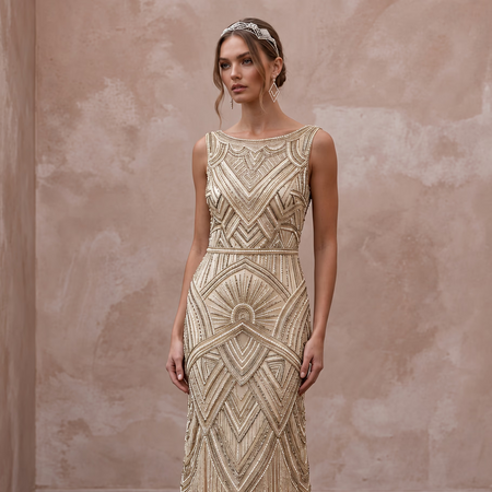 Champagne Beaded Art Deco Drop Waist Gown for 1920s Themed Gala - Apparel & Accessories > Clothing > Wedding & Bridal Party Dresses > Wedding Dresses - Mignonette Bridal