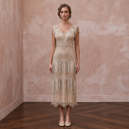 Champagne Beaded Art Deco Fringe Midi Dress for 1920s Themed Party - Apparel & Accessories > Clothing > Wedding & Bridal Party Dresses > Wedding Dresses - Mignonette Bridal