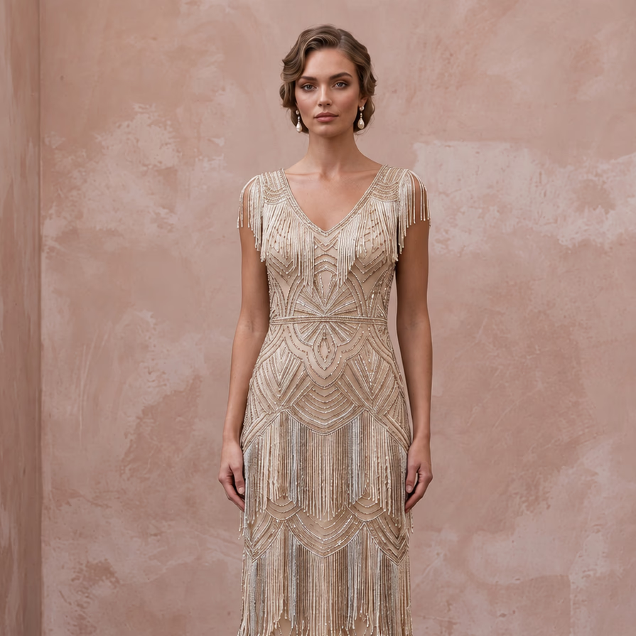 Champagne Beaded Art Deco Fringe Midi Dress for 1920s Themed Party - Apparel & Accessories > Clothing > Wedding & Bridal Party Dresses > Wedding Dresses - Mignonette Bridal