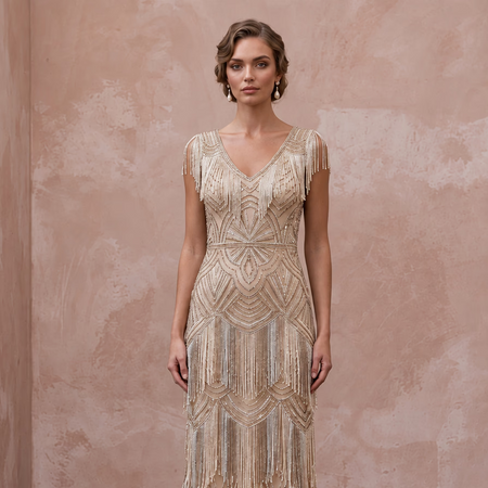 Champagne Beaded Art Deco Fringe Midi Dress for 1920s Themed Party - Apparel & Accessories > Clothing > Wedding & Bridal Party Dresses > Wedding Dresses - Mignonette Bridal